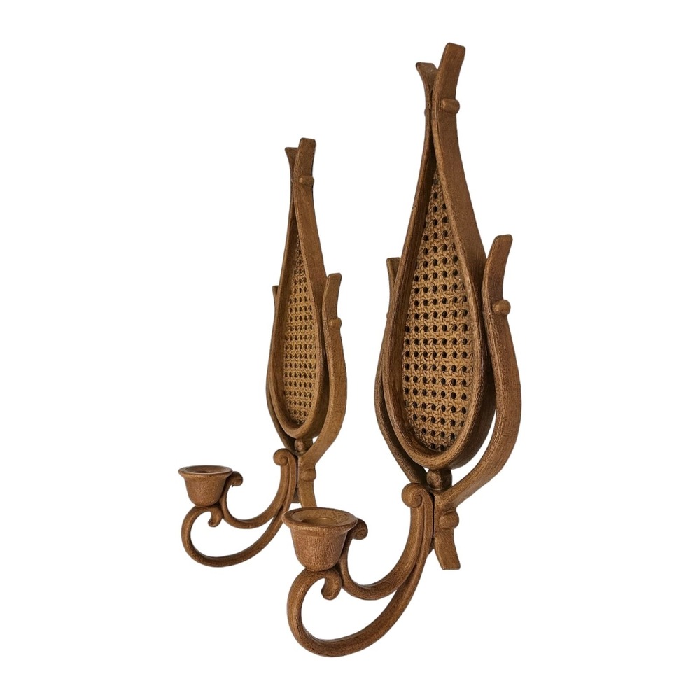 Vintage Rattan Teardrop Candle Sconce Holders w Glass Cups Wall Mount Boho Homco